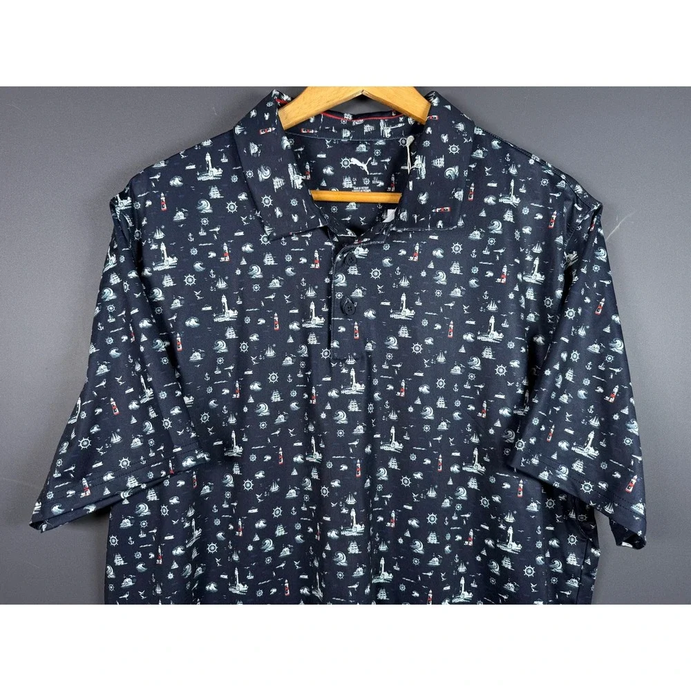 NWT Puma Golf Mens Medium MATTR Lighthouse Polo Navy Blue Nautical Print Shirt